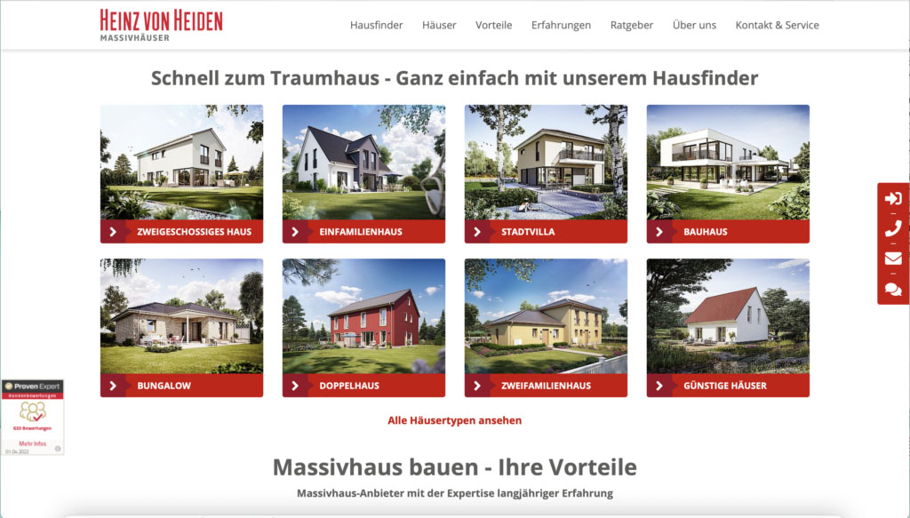 Webseite Heinz von Heiden Angebote Übersicht